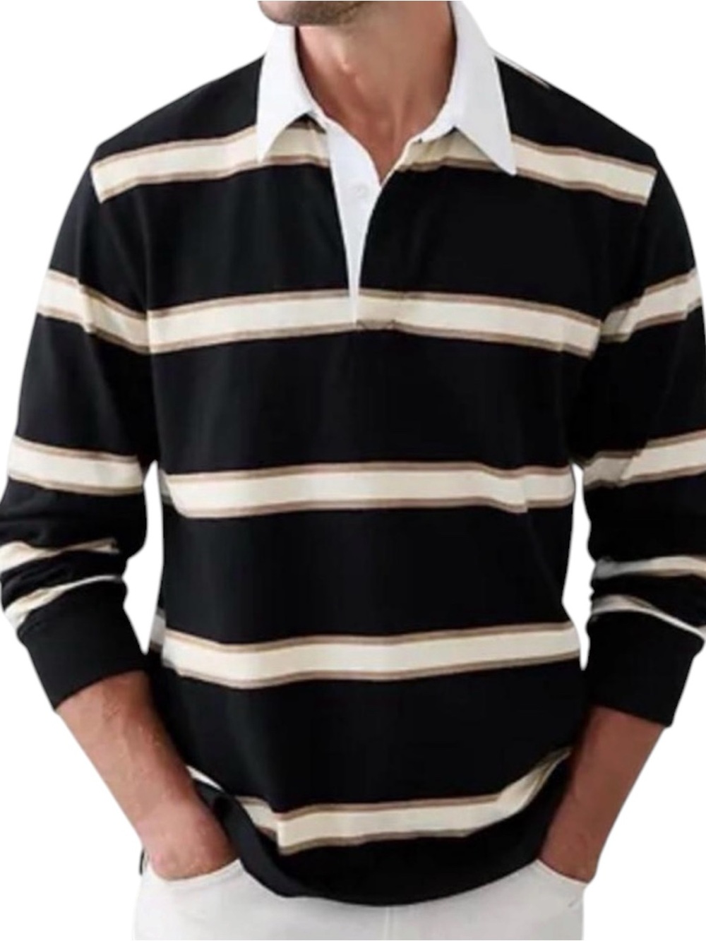 Banana Republic Rugby Polo Shirt Mens Size M Long Sleeve Black Striped